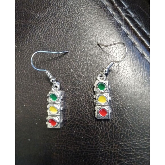 Stop Light Earrings Silver Dangle Red Green Yellow - Picture 7 of 8